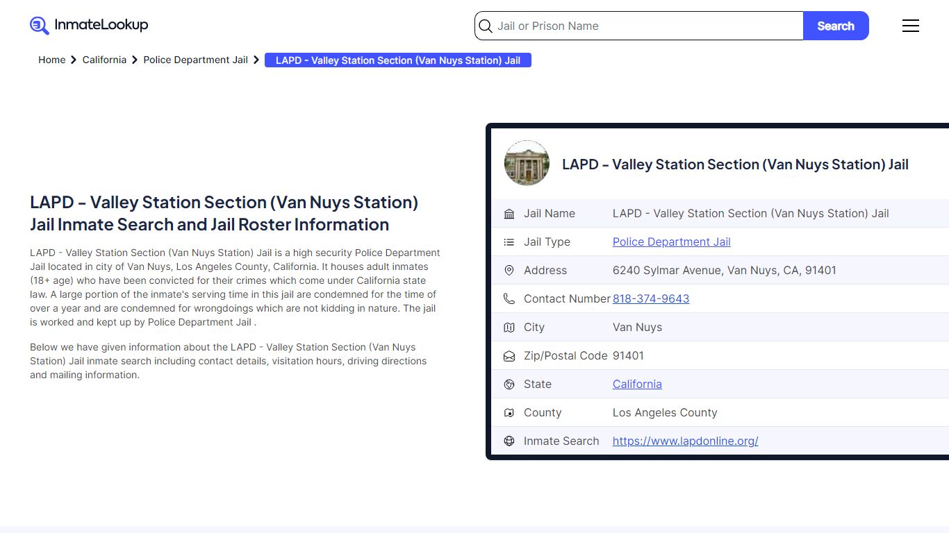 LAPD - Valley Station Section (Van Nuys Station) Jail Inmate Search ...